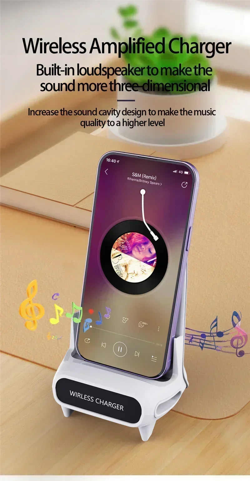 Caricabatterie wireless da tavolo con supporto per telefono altoparlante per iPhone 16-12 Pro Max Samsung S25 S24 Xiaomi stazione di ricarica intelligente