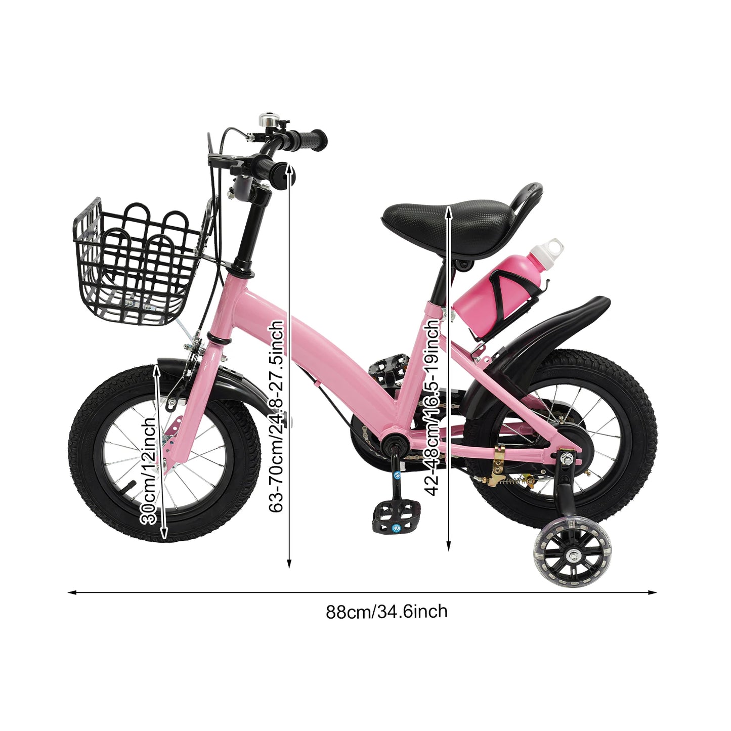 12 Inches Children's Bicycle with Training Wheels, Bottle Holder, Basket| Blue/Red/Pink Kids Bike for 2-5 Years