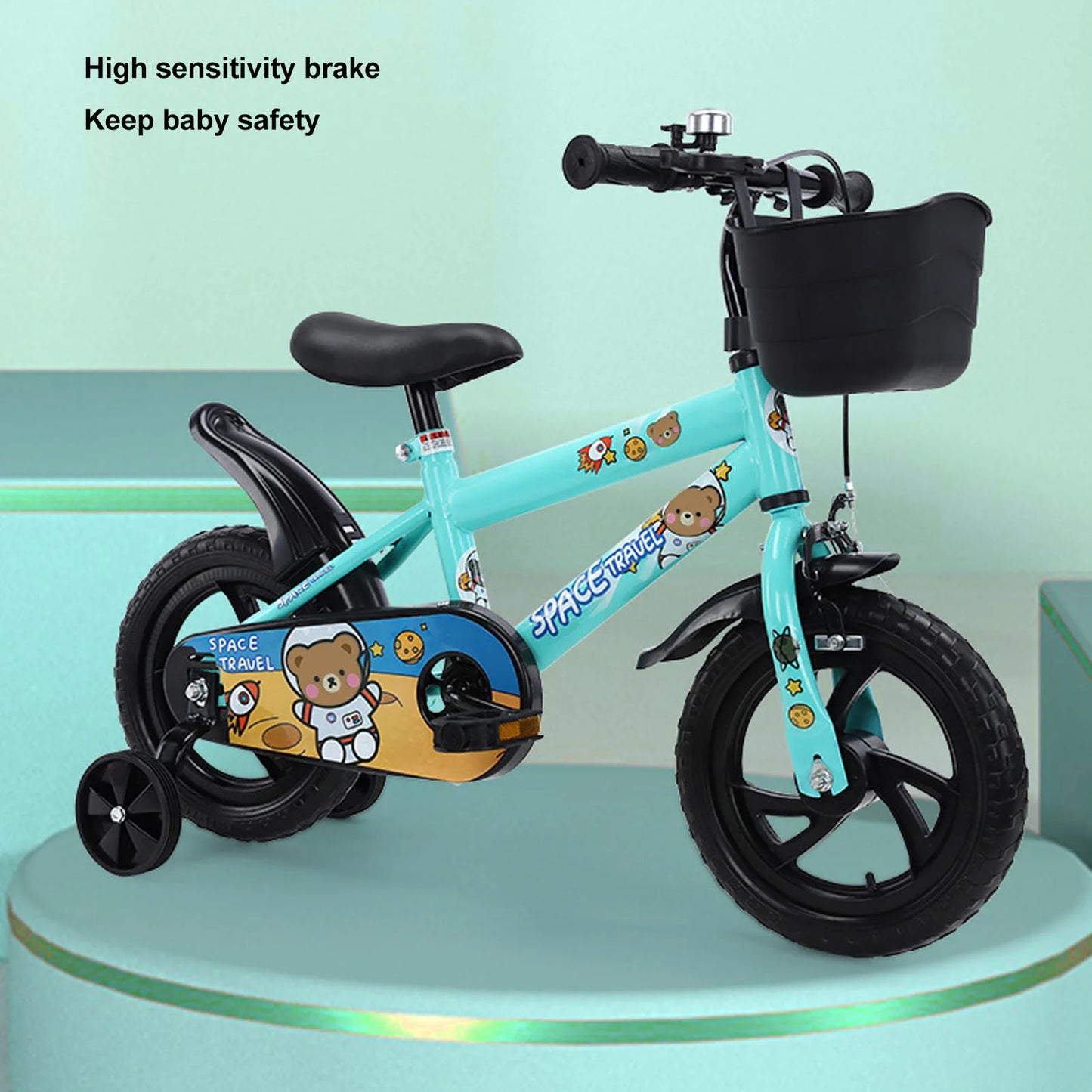12 Inch Kids Bike Stable Riding High Carbon Steel Frame Baby Bicycle with Training Wheels for 2‑6 Years Old Children Green