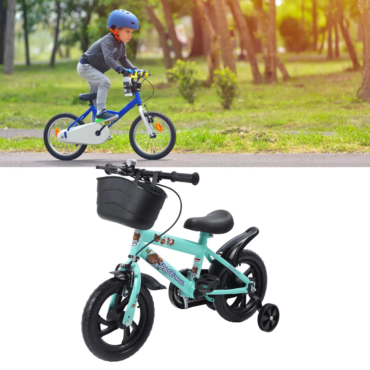 12 Inch Kids Bike Stable Riding High Carbon Steel Frame Baby Bicycle with Training Wheels for 2‑6 Years Old Children Green