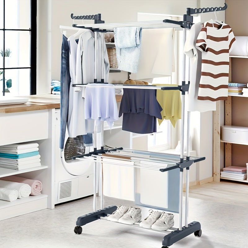 Stendibiancheria Pieghevole 3 Ripiani con Ruote - 172cm Metallo Resistente 24 Aste