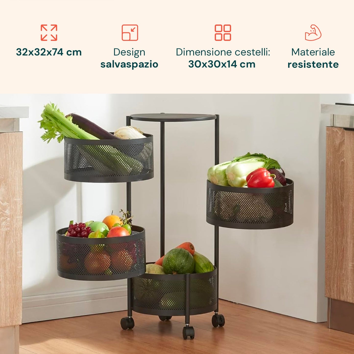 Carrello Pieghevole Multifunzione AVILIA con Ruote - 5 Cestelli Salvaspazio in Metallo, Nero