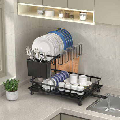 Scolapiatti 2 Ripiani con Vaschetta Raccogligocce - Porta Posate e Bicchieri Salvaspazio