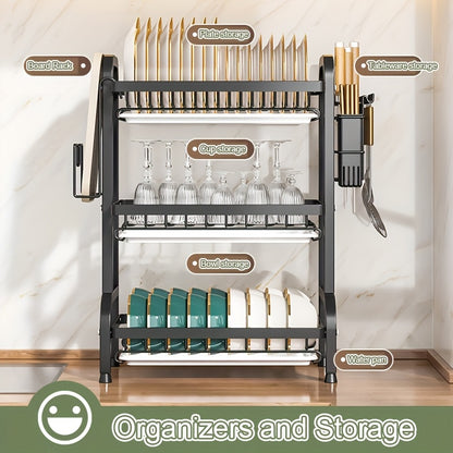3-Tier Dish Drying Rack Dish Organizer Compact Kitchen Dish Rack Drainboard Set Dish Drainer with Utensil Holder