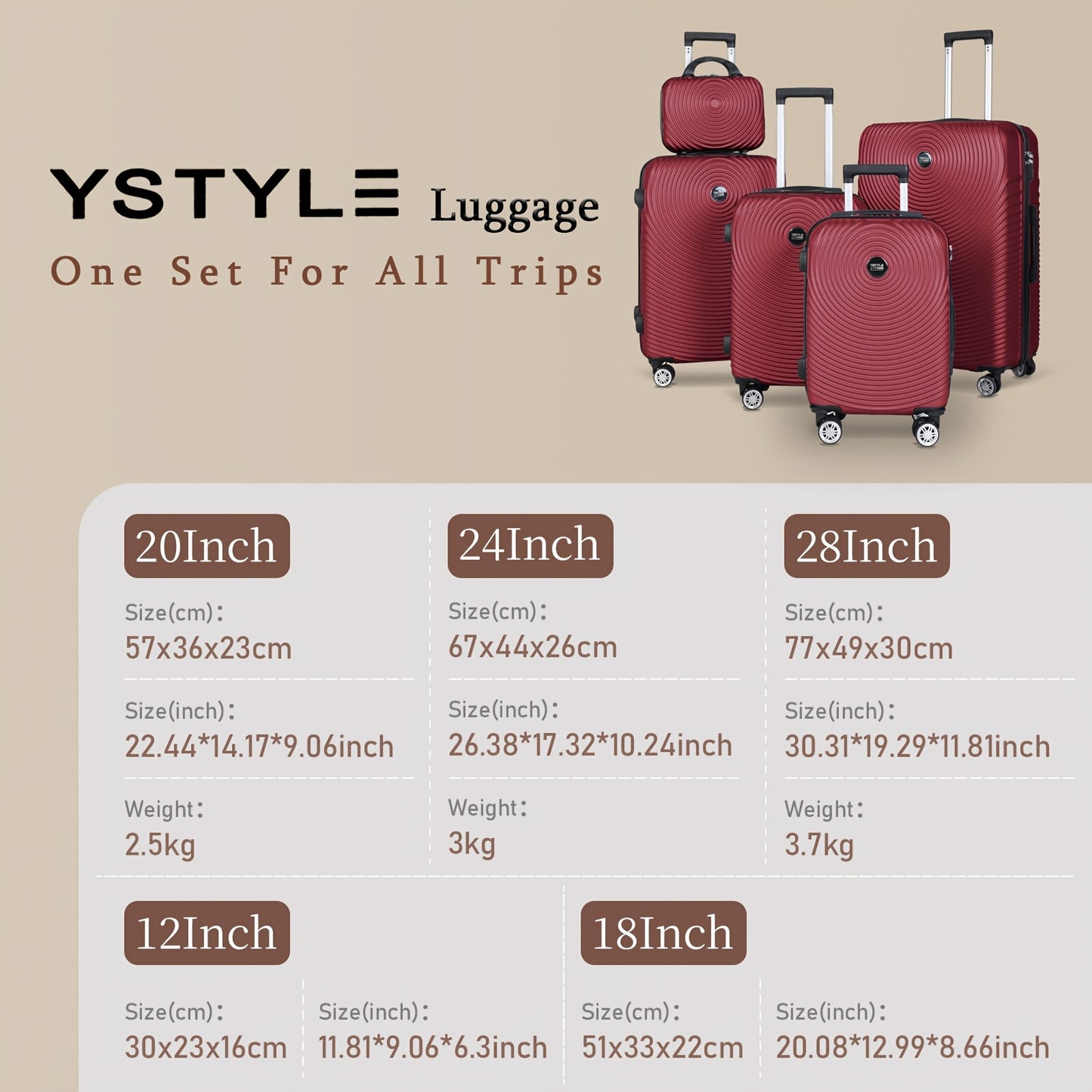 Set Valigie Rigide ABS YSTYLE 3/5 Pezzi con Lucchetto TSA e Ruote Silenziose 360° | 12-28 Pollici