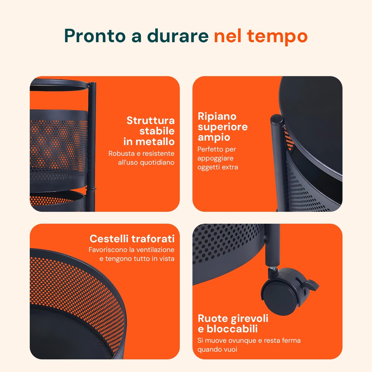 Carrello Pieghevole Multifunzione AVILIA con Ruote - 5 Cestelli Salvaspazio in Metallo, Nero