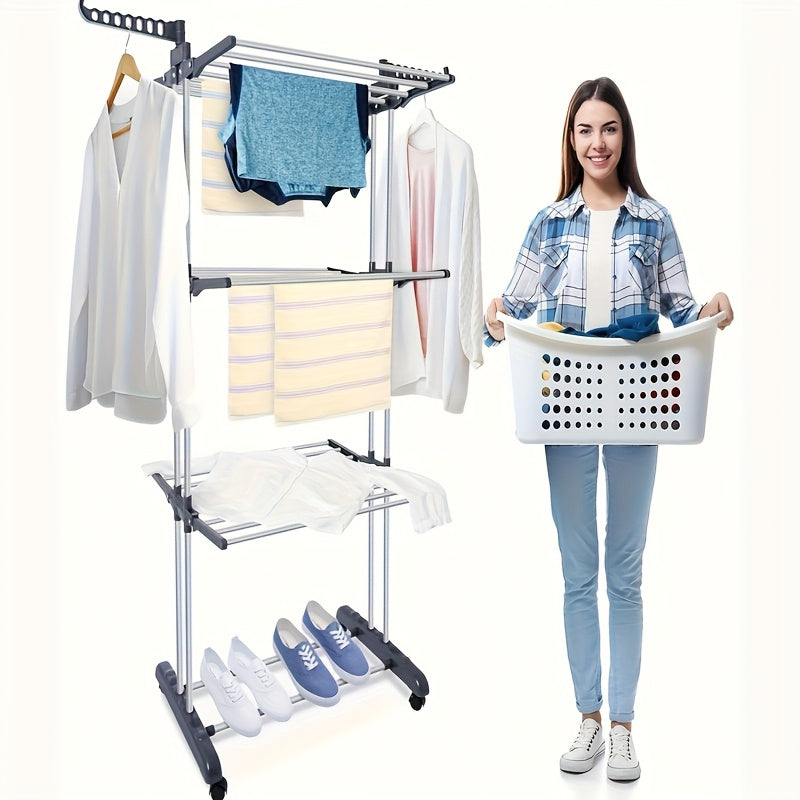 Stendibiancheria Pieghevole 3 Ripiani con Ruote - 172cm Metallo Resistente 24 Aste