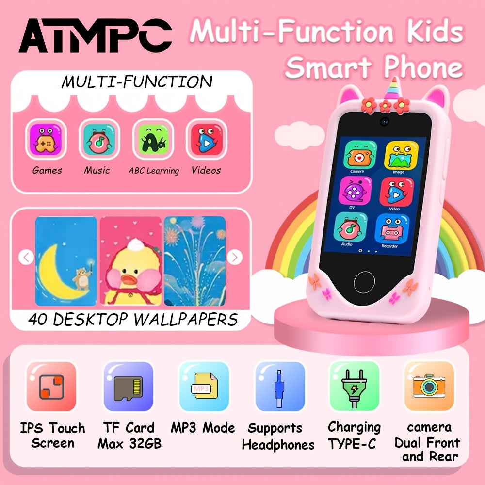 Telefono Giocattolo Bambini 2.8" Touch Screen Unicorno Rosa con Fotocamera e Giochi