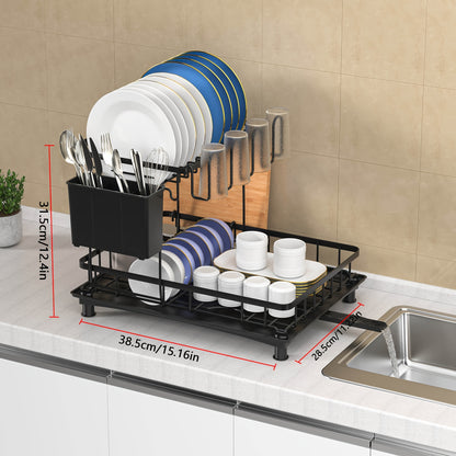 Scolapiatti 2 Ripiani con Vaschetta Raccogligocce - Porta Posate e Bicchieri Salvaspazio