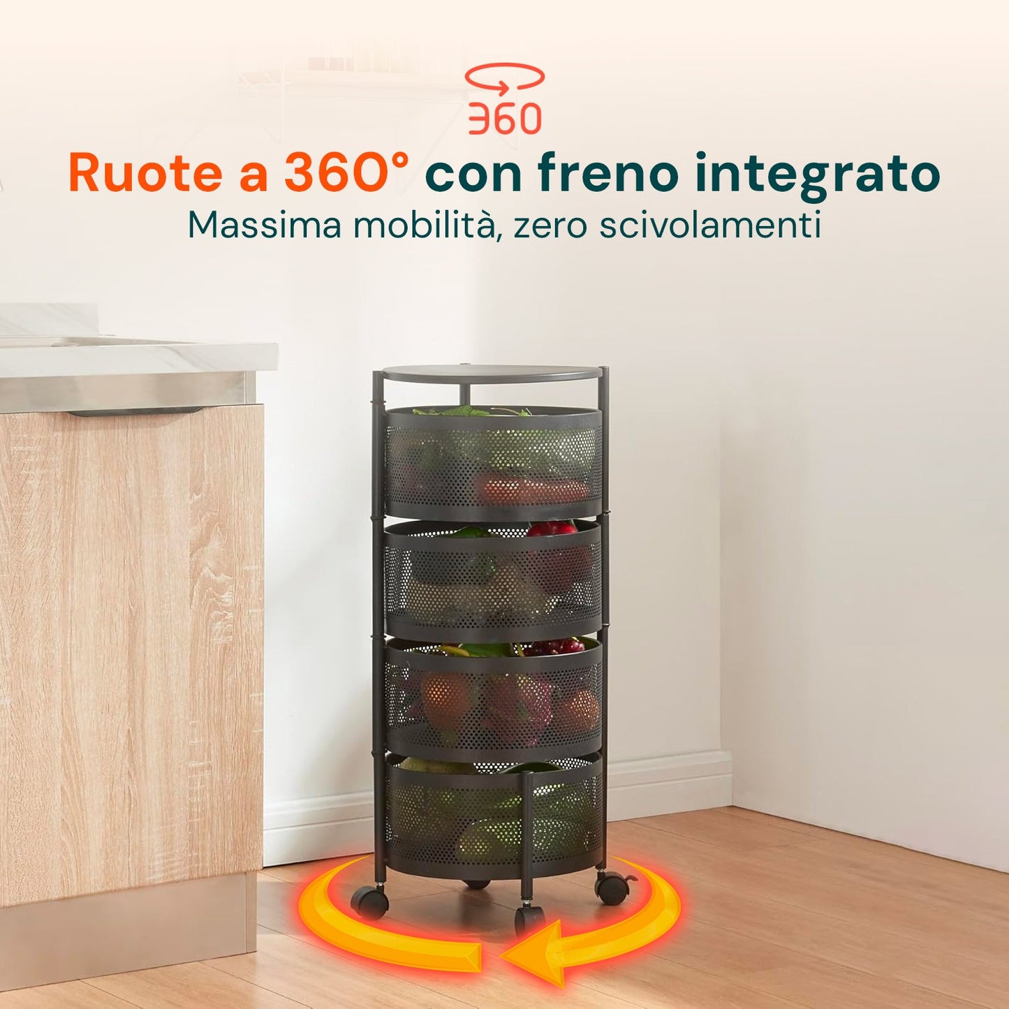 Carrello Pieghevole Multifunzione AVILIA con Ruote - 5 Cestelli Salvaspazio in Metallo, Nero