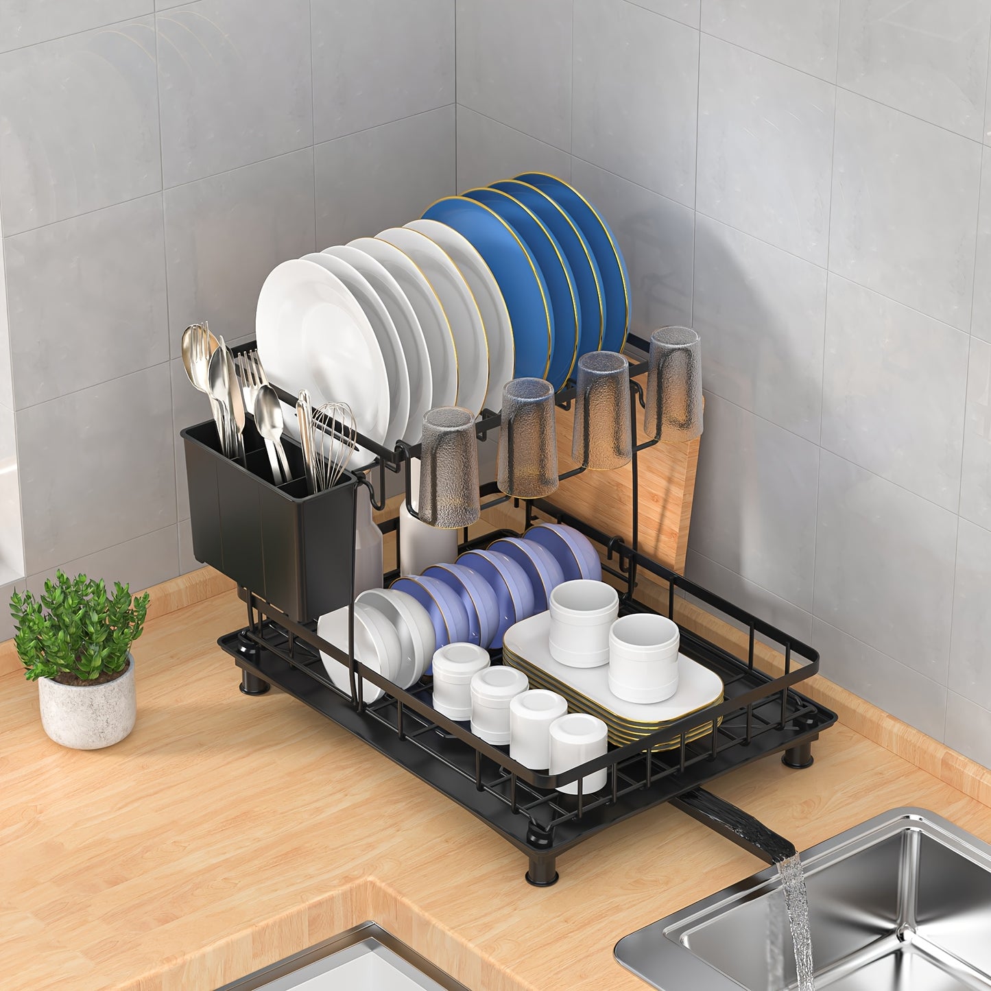 Scolapiatti 2 Ripiani con Vaschetta Raccogligocce - Porta Posate e Bicchieri Salvaspazio