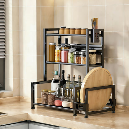 Portaspezie da Cucina 3 Ripiani in Metallo Nero - Organizer da Banco con Porta Utensili