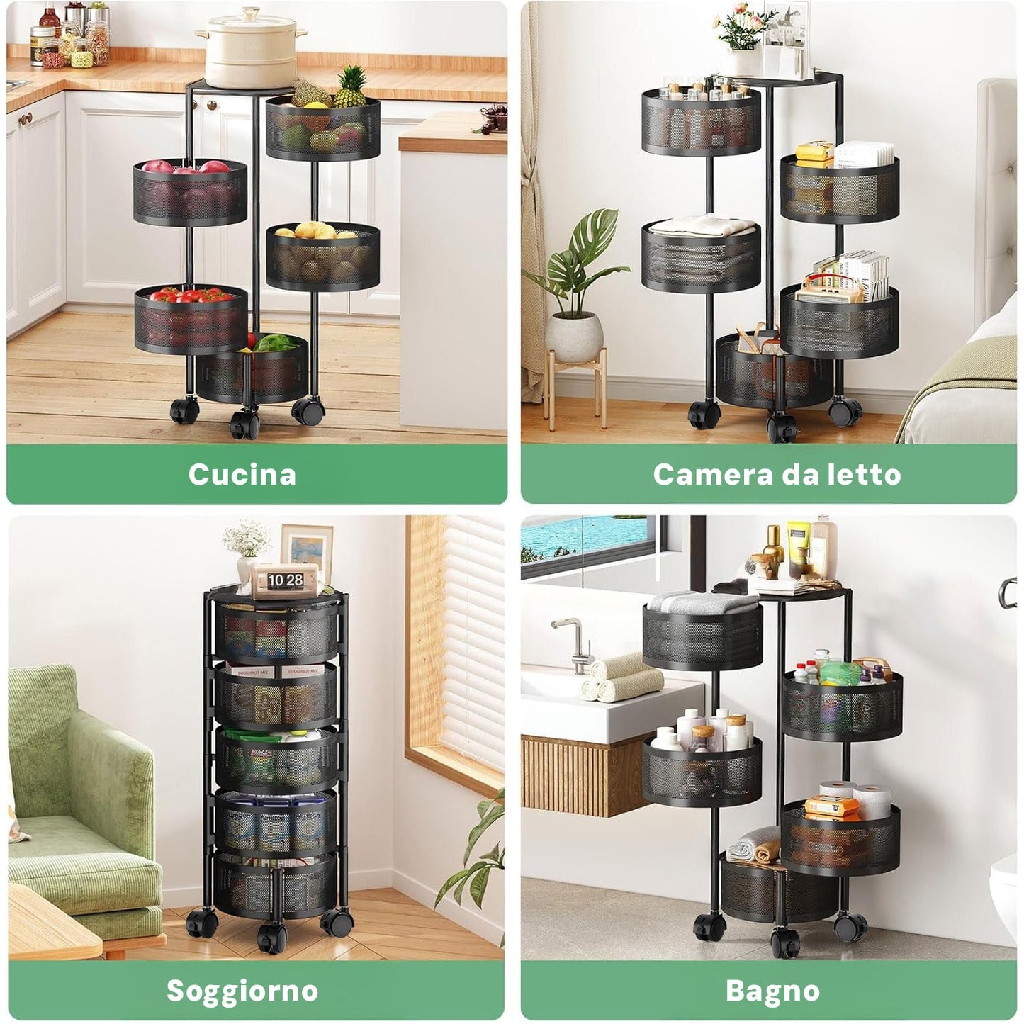 Carrello Pieghevole Multifunzione AVILIA con Ruote - 5 Cestelli Salvaspazio in Metallo, Nero